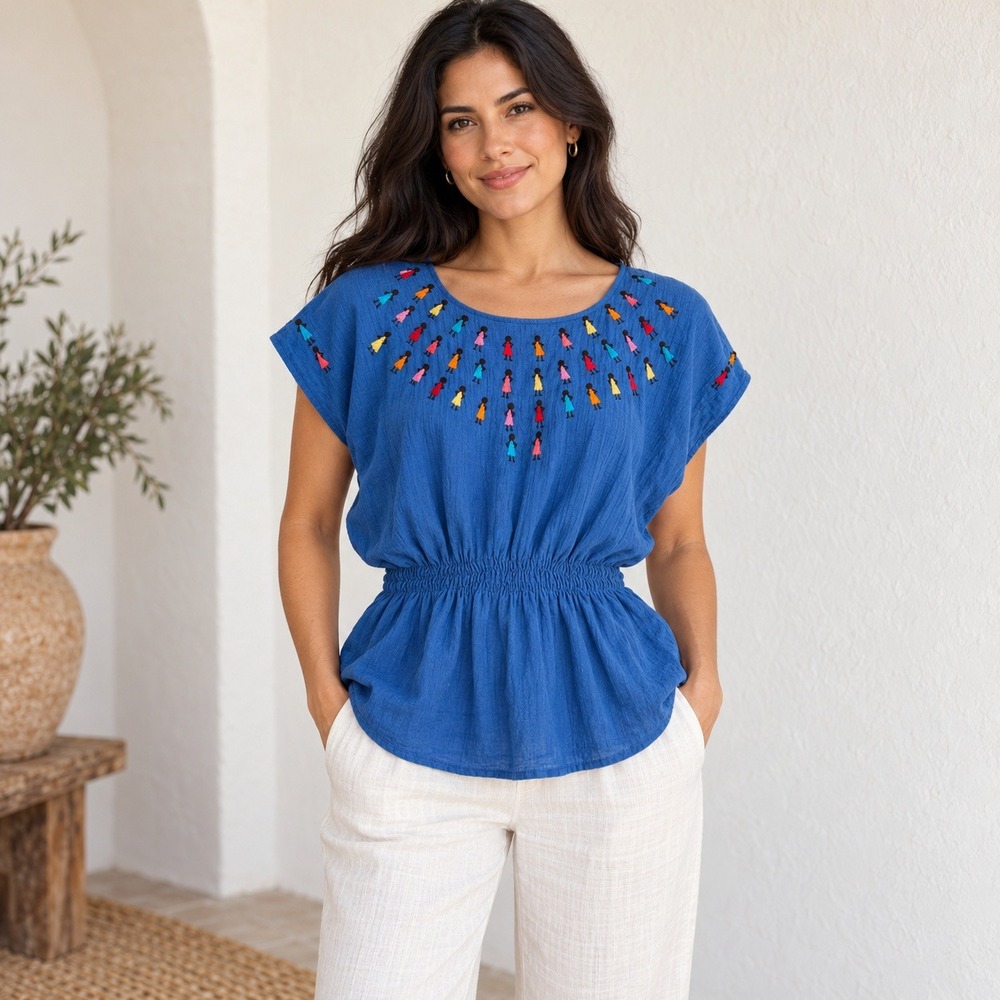 Arte Huaxyacac Mexican Hand Embroidered Cotton Gauze Smocked Top Blue UT